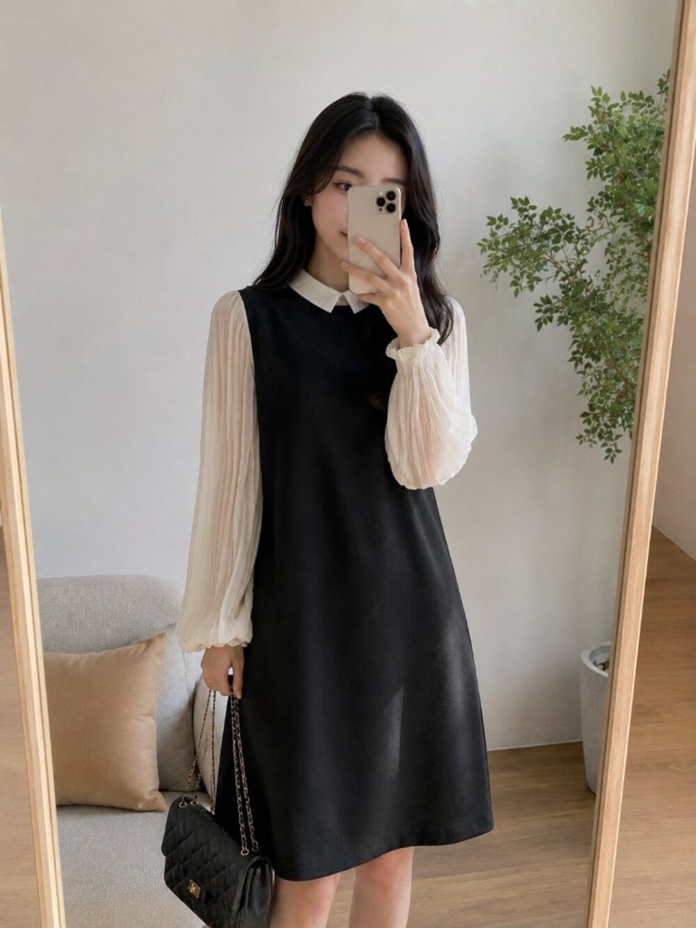 SHEIN Contrast Collar Mini Dress Pleated Sleeve Korean Style S